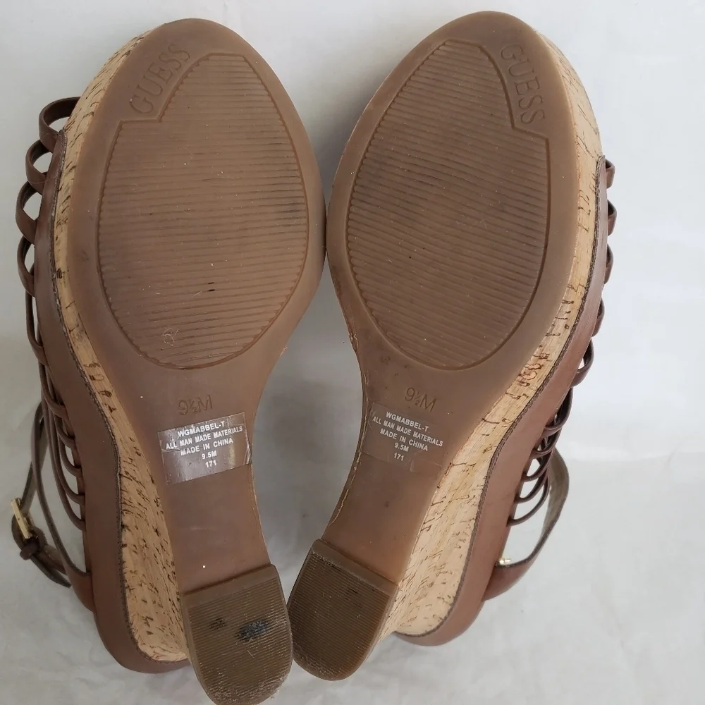 Guess Cage Gladiator Platform Cork Wedge Sandals 9.5 EUC Brown Natural